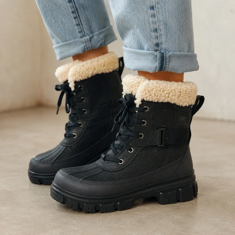 Sorel Brex Winter Snow Boot Waterproof Women 8.5 Black Shearling Lined‎ Gorpcore